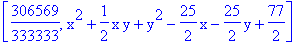 [306569/333333, x^2+1/2*x*y+y^2-25/2*x-25/2*y+77/2]